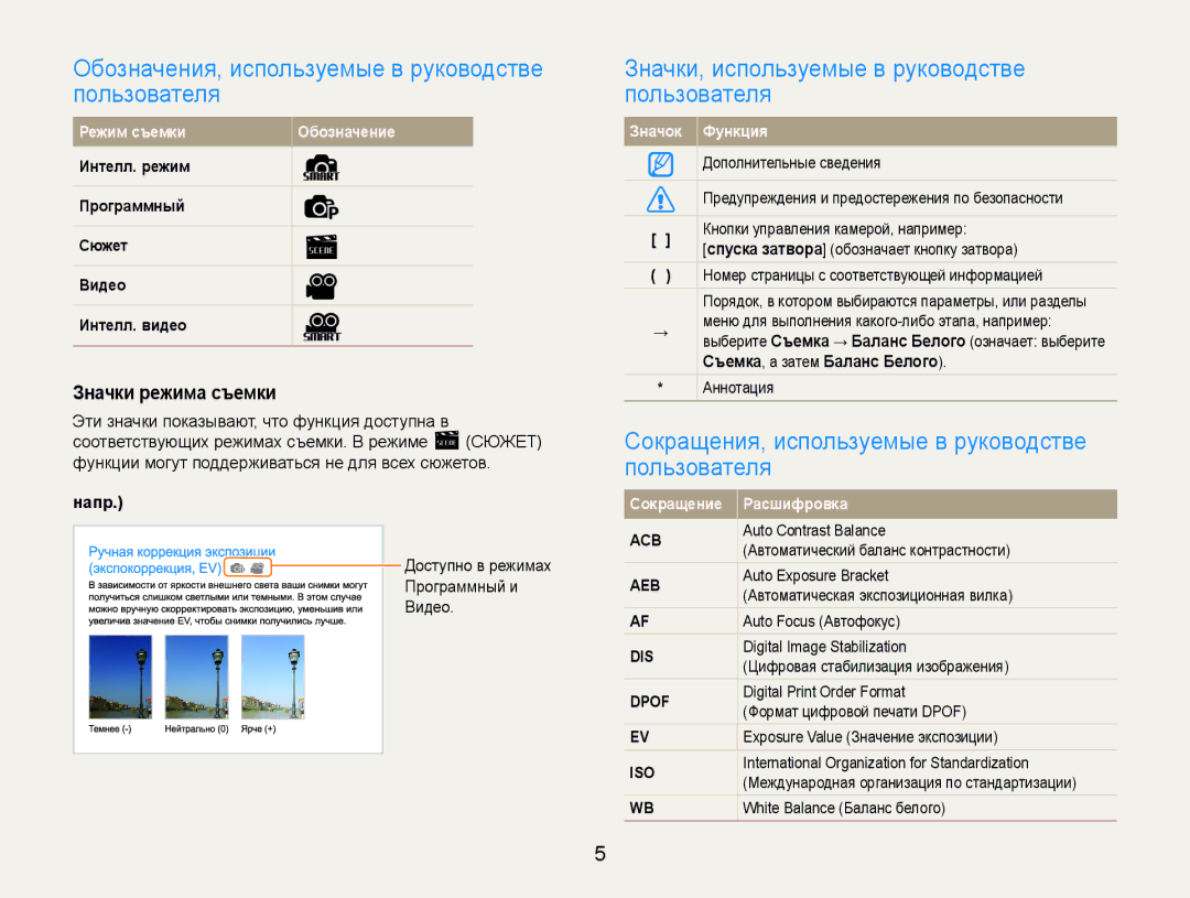 Samsung EC-ST90ZZBPURU, EC-ST90ZZBPSE2 manual Обозначения, используемые в руководстве пользователя, Значки режима съемки 