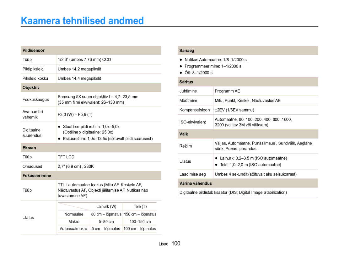 Samsung EC-ST90ZZBPRE2, EC-ST90ZZBPSE2 manual Kaamera tehnilised andmed, Pildisensor 