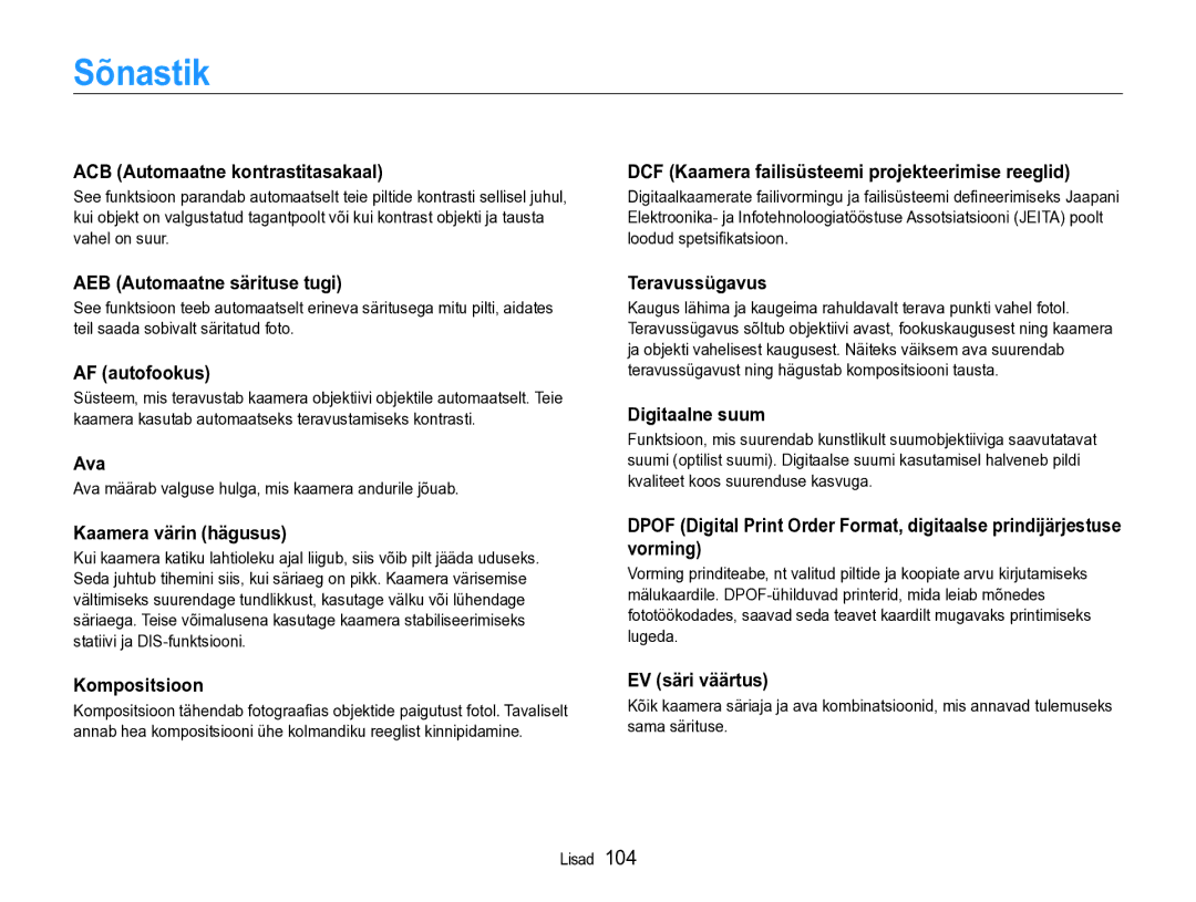 Samsung EC-ST90ZZBPRE2, EC-ST90ZZBPSE2 manual Sõnastik 