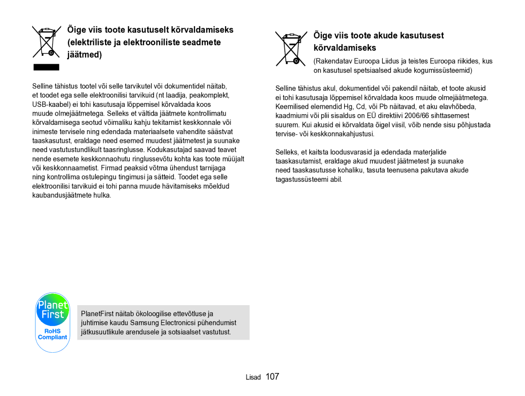 Samsung EC-ST90ZZBPSE2, EC-ST90ZZBPRE2 manual Õige viis toote akude kasutusest kõrvaldamiseks 