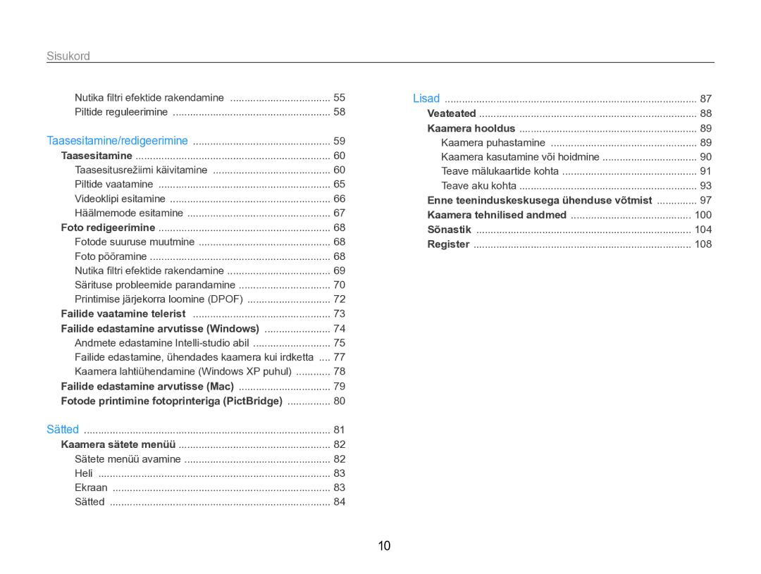 Samsung EC-ST90ZZBPRE2, EC-ST90ZZBPSE2 manual Sisukord﻿, Failide edastamine arvutisse Windows 