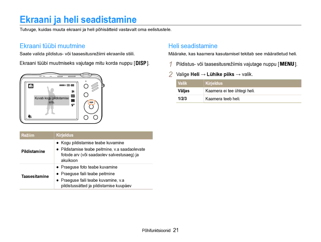 Samsung EC-ST90ZZBPSE2, EC-ST90ZZBPRE2 manual Ekraani ja heli seadistamine, Ekraani tüübi muutmine, Heli seadistamine 