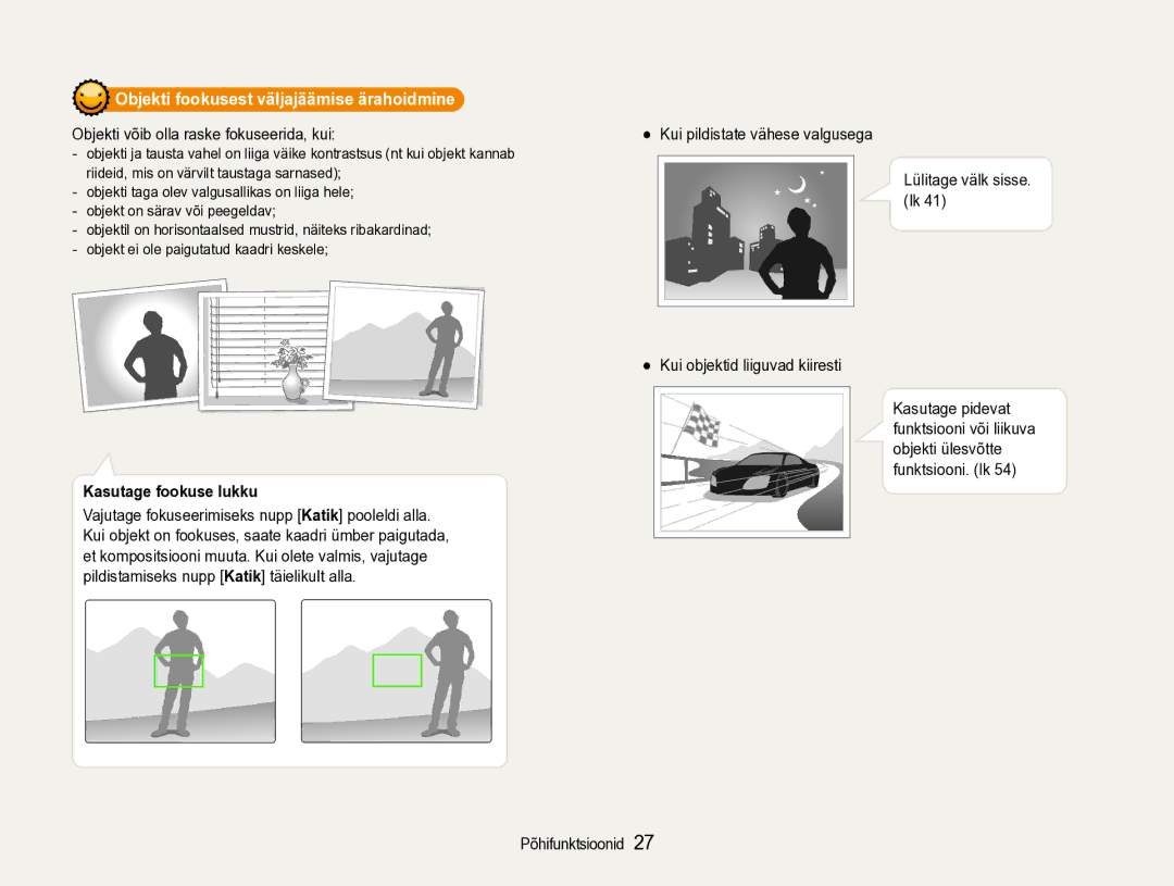 Samsung EC-ST90ZZBPSE2 manual Objekti fookusest väljajäämise ärahoidmine, Objekti võib olla raske fokuseerida, kui 