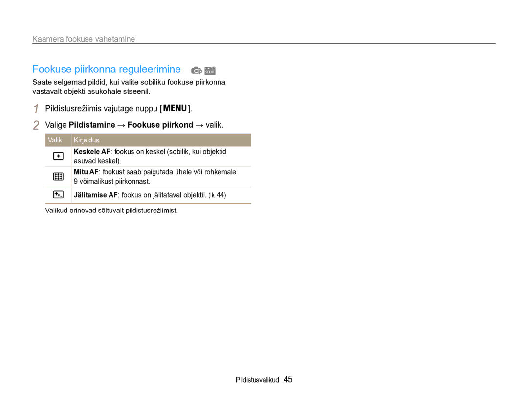 Samsung EC-ST90ZZBPSE2, EC-ST90ZZBPRE2 Fookuse piirkonna reguleerimine, Valige Pildistamine → Fookuse piirkond → valik 