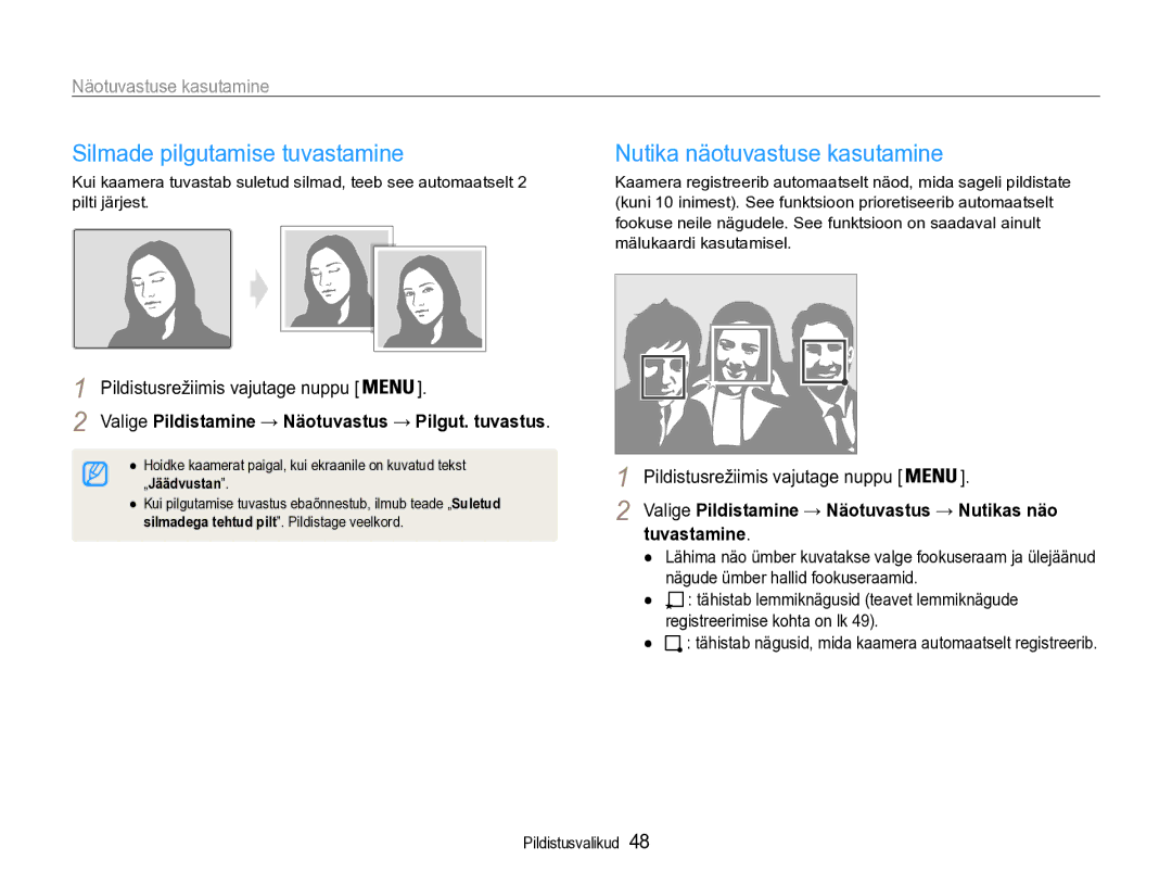 Samsung EC-ST90ZZBPRE2, EC-ST90ZZBPSE2 manual Silmade pilgutamise tuvastamine, Nutika näotuvastuse kasutamine, Tuvastamine 