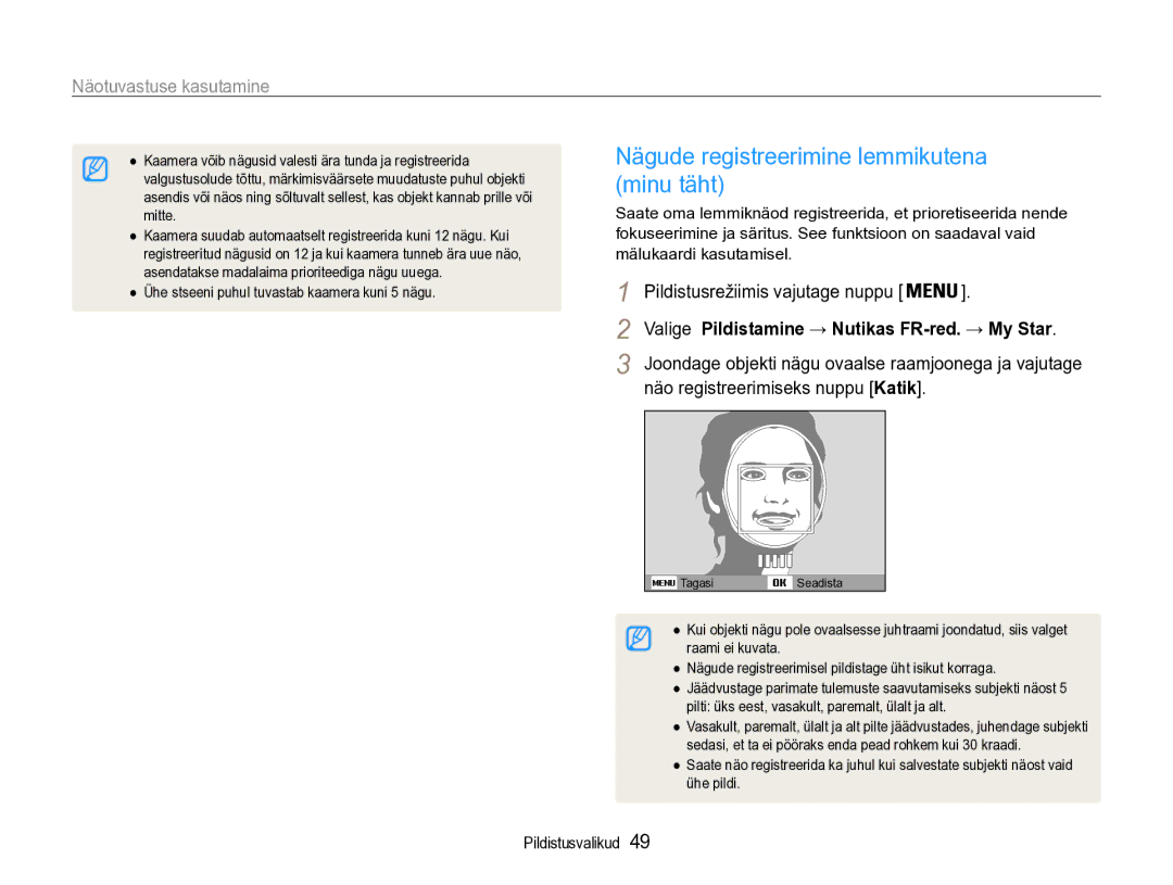 Samsung EC-ST90ZZBPSE2 manual Nägude registreerimine lemmikutena minu täht, Valige Pildistamine → Nutikas FR-red. → My Star 