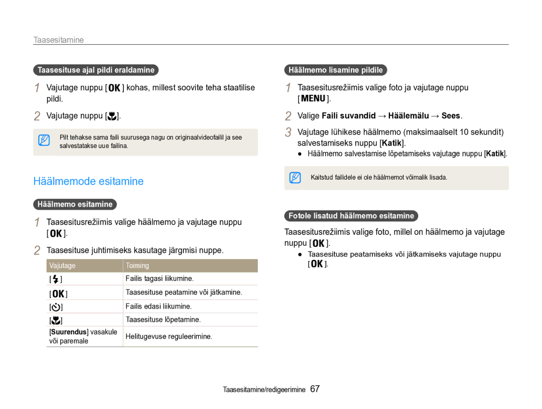 Samsung EC-ST90ZZBPSE2, EC-ST90ZZBPRE2 manual Häälmemode esitamine, Pildi, Taasesitusrežiimis valige foto ja vajutage nuppu 