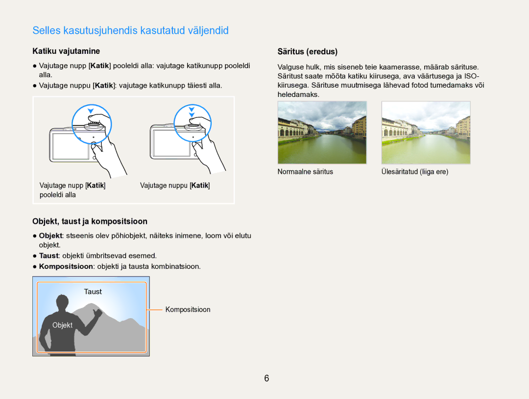 Samsung EC-ST90ZZBPRE2 manual Selles kasutusjuhendis kasutatud väljendid, Katiku vajutamine, Objekt, taust ja kompositsioon 