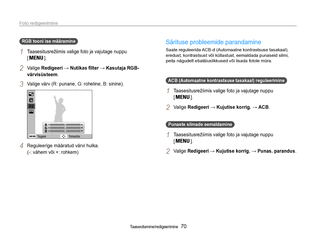 Samsung EC-ST90ZZBPRE2 manual Särituse probleemide parandamine, Värvisüsteem, Valige Redigeeri → Kujutise korrig. → ACB 