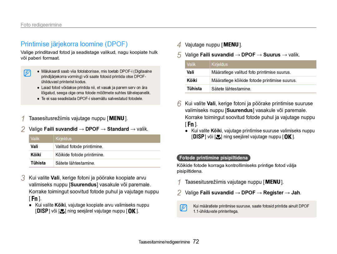 Samsung EC-ST90ZZBPRE2 manual Printimise järjekorra loomine Dpof, Korrake toimingut soovitud fotode puhul ja vajutage nuppu 