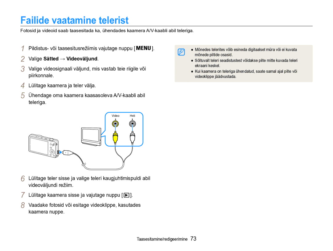 Samsung EC-ST90ZZBPSE2, EC-ST90ZZBPRE2 manual Failide vaatamine telerist, Valige Sätted → Videoväljund 