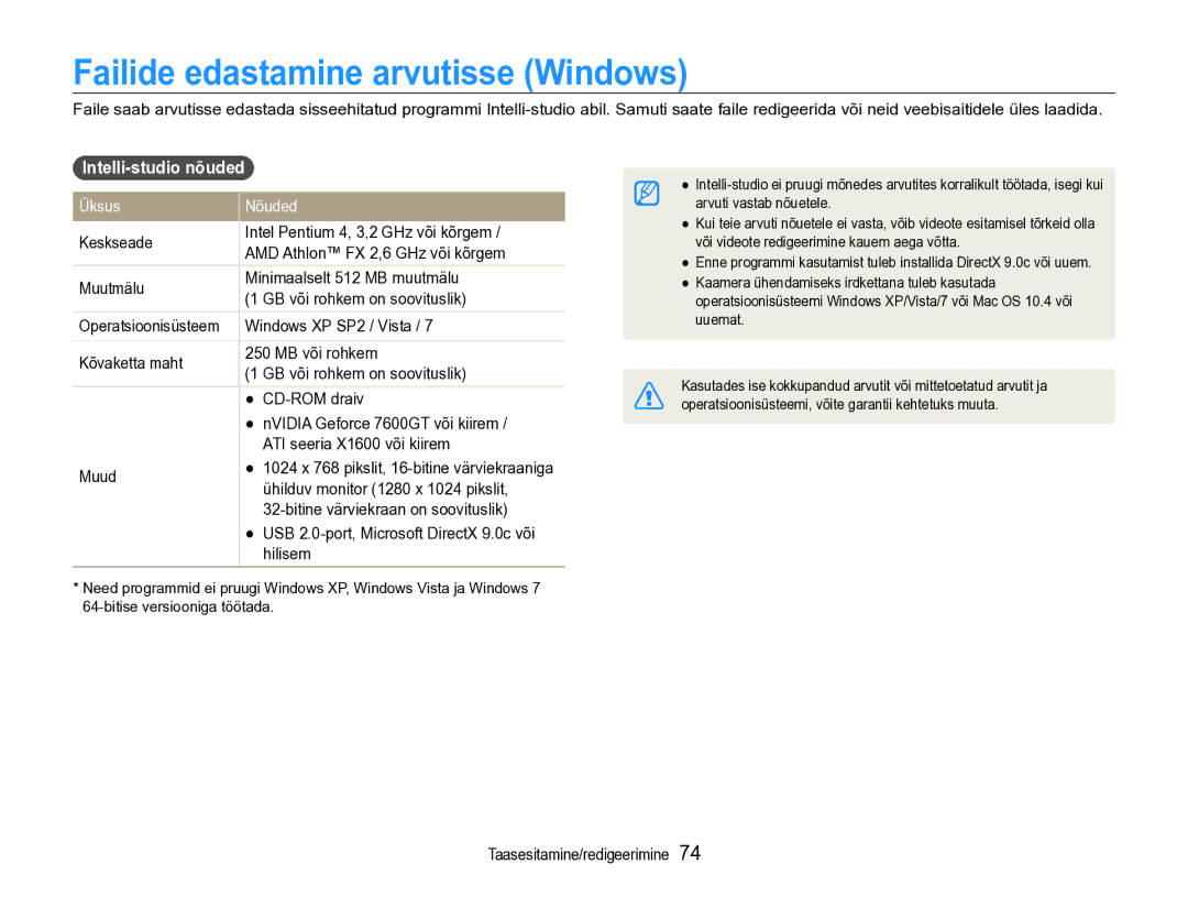 Samsung EC-ST90ZZBPRE2, EC-ST90ZZBPSE2 manual Failide edastamine arvutisse Windows, Intelli-studio nõuded 