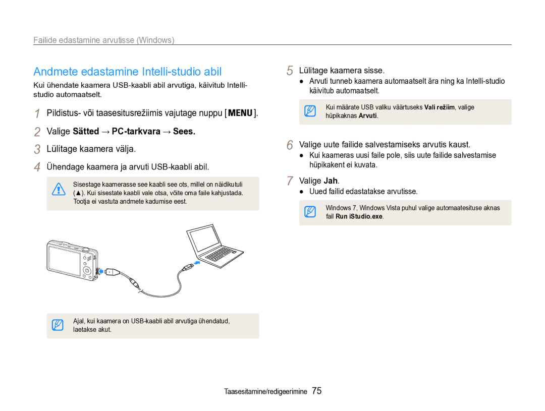 Samsung EC-ST90ZZBPSE2, EC-ST90ZZBPRE2 manual Andmete edastamine Intelli-studio abil, Failide edastamine arvutisse Windows 