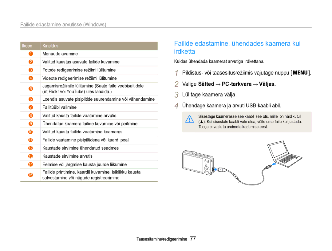 Samsung EC-ST90ZZBPSE2 Failide edastamine, ühendades kaamera kui irdketta, Kuidas ühendada kaamerat arvutiga irdkettana 