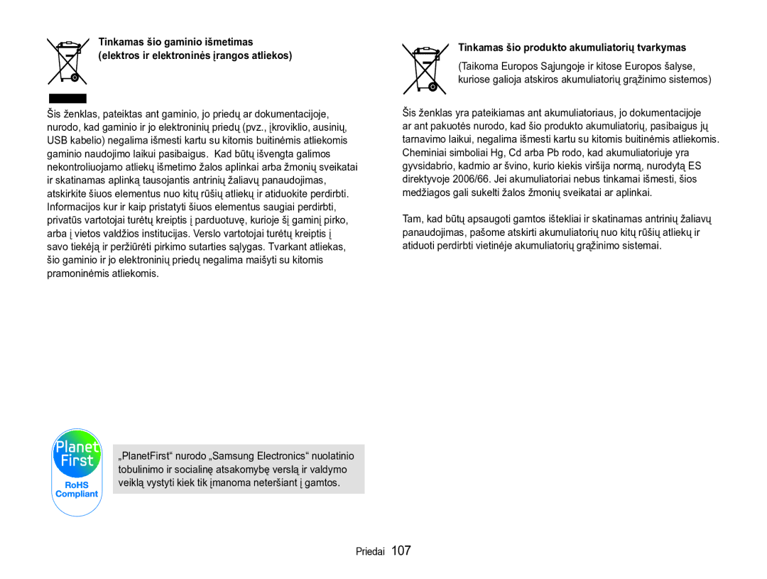 Samsung EC-ST90ZZBPSE2, EC-ST90ZZBPRE2 manual Tinkamas šio produkto akumuliatorių tvarkymas 