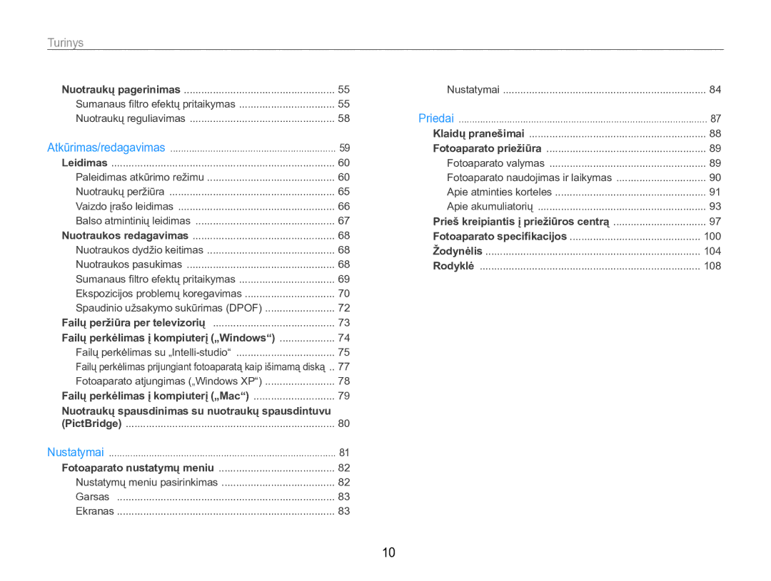 Samsung EC-ST90ZZBPRE2, EC-ST90ZZBPSE2 manual Turinys, Failų perkėlimas į kompiuterį „Windows 