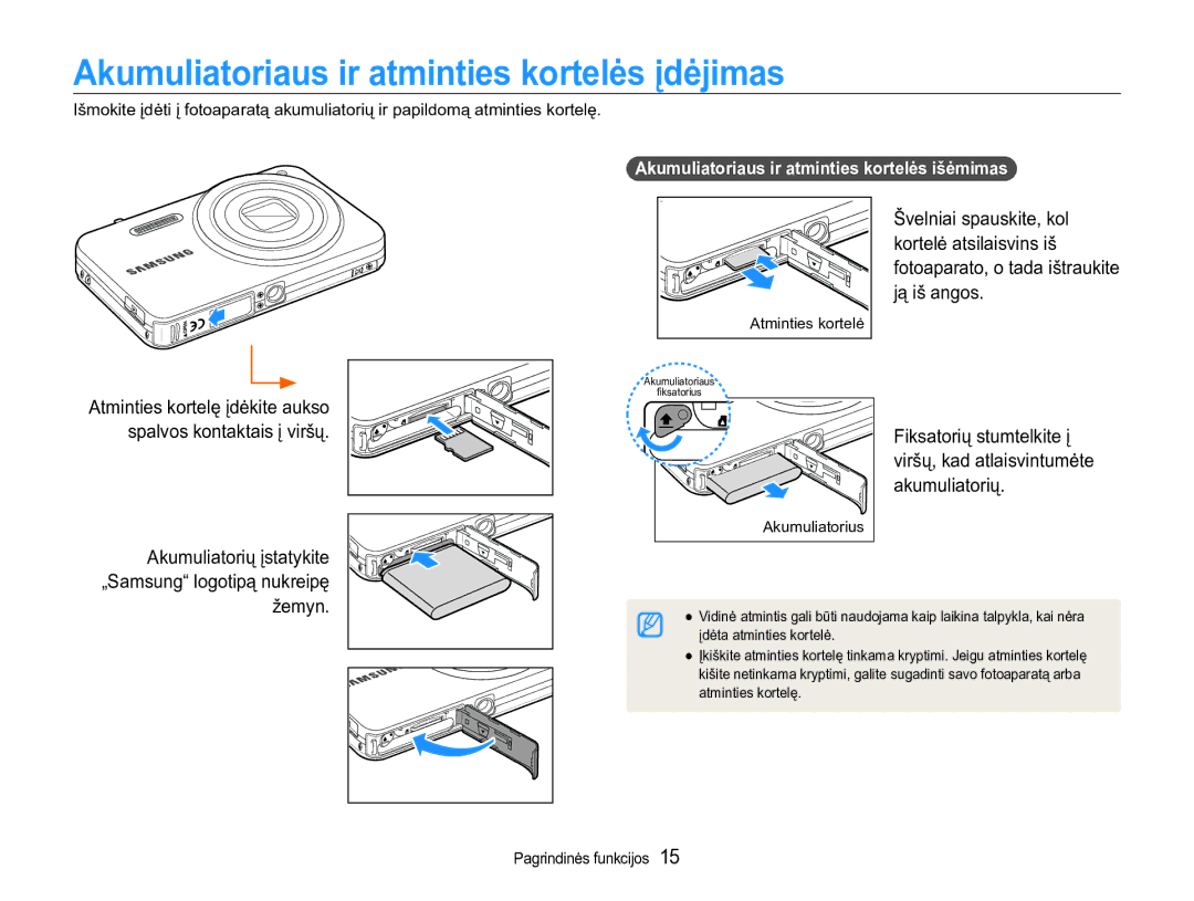 Samsung EC-ST90ZZBPSE2 Akumuliatoriaus ir atminties kortelės įdėjimas, Akumuliatoriaus ir atminties kortelės išėmimas 