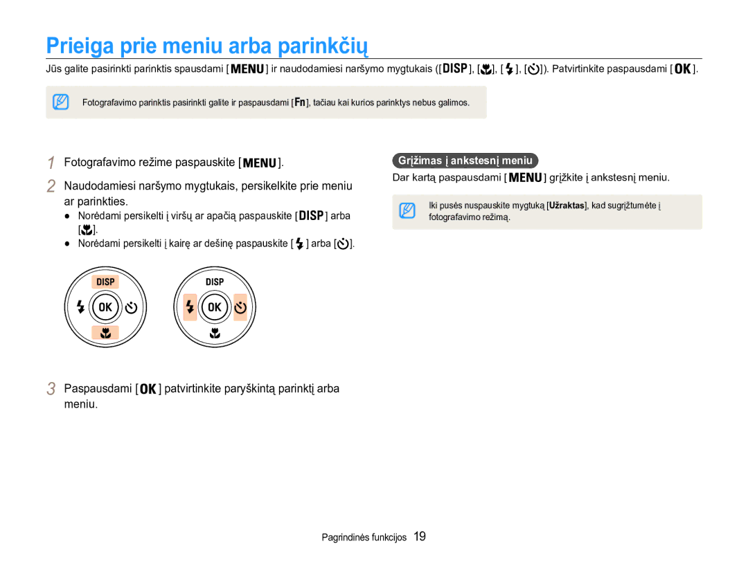 Samsung EC-ST90ZZBPSE2 Prieiga prie meniu arba parinkčių, Ar parinkties, Paspausdami, Meniu, Grįžimas į ankstesnį meniu 