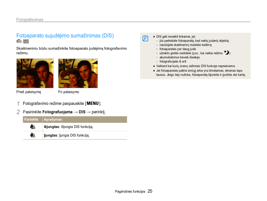 Samsung EC-ST90ZZBPSE2, EC-ST90ZZBPRE2 manual Fotoaparato sujudėjimo sumažinimas DIS 