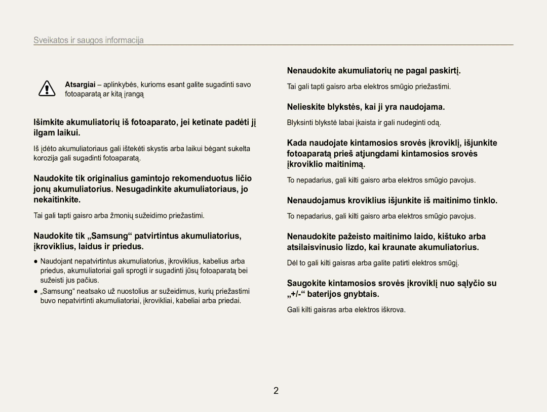 Samsung EC-ST90ZZBPRE2, EC-ST90ZZBPSE2 manual Sveikatos ir saugos informacija, Nenaudokite akumuliatorių ne pagal paskirtį 