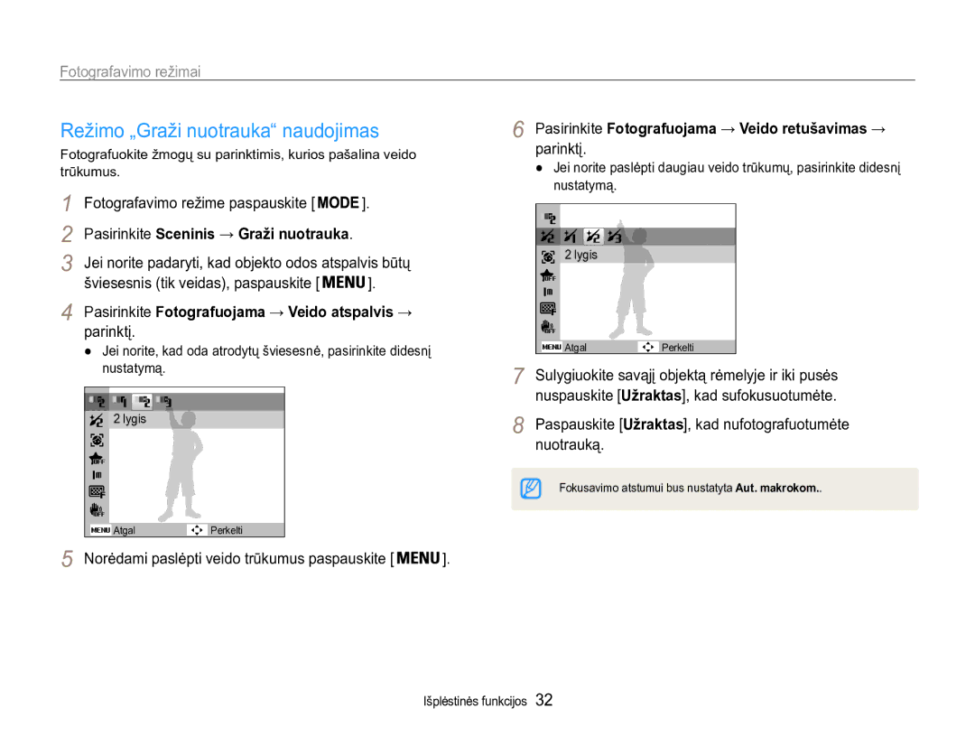 Samsung EC-ST90ZZBPRE2, EC-ST90ZZBPSE2 manual Režimo „Graži nuotrauka naudojimas, Šviesesnis tik veidas, paspauskite 