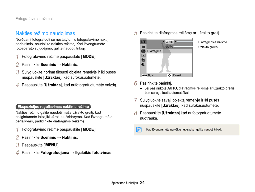 Samsung EC-ST90ZZBPRE2 manual Nakties režimo naudojimas, Pasirinkite Sceninis → Naktinis, Pasirinkite parinktį, Nuotrauką 