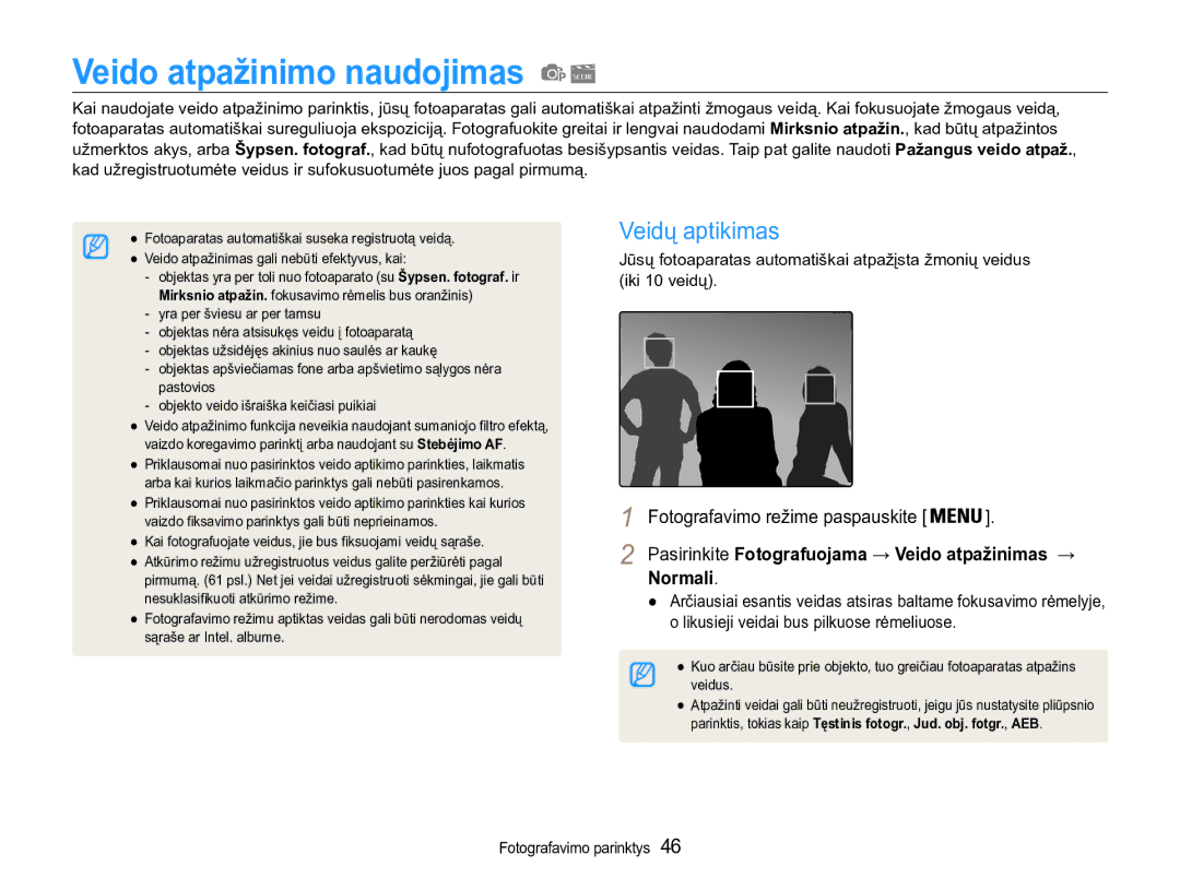 Samsung EC-ST90ZZBPRE2, EC-ST90ZZBPSE2 manual Veido atpažinimo naudojimas, Veidų aptikimas, Normali 
