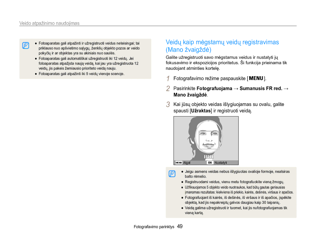 Samsung EC-ST90ZZBPSE2 manual Veidų kaip mėgstamų veidų registravimas Mano žvaigždė, Spausti Užraktas ir registruoti veidą 