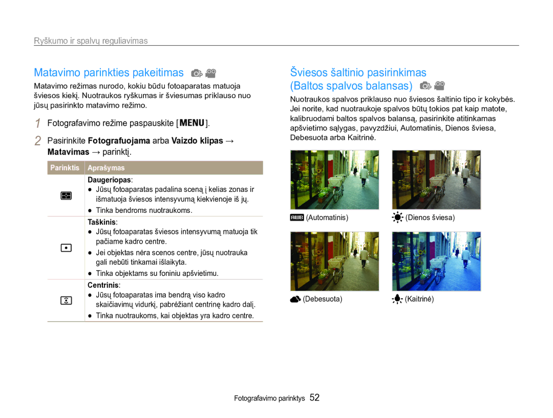 Samsung EC-ST90ZZBPRE2 manual Matavimo parinkties pakeitimas, Ryškumo ir spalvų reguliavimas, Matavimas → parinktį 