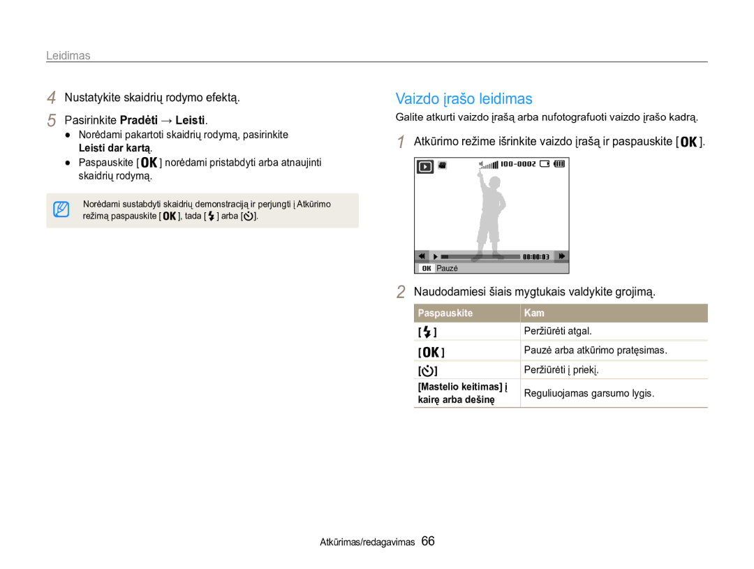 Samsung EC-ST90ZZBPRE2, EC-ST90ZZBPSE2 manual Vaizdo įrašo leidimas, Naudodamiesi šiais mygtukais valdykite grojimą 