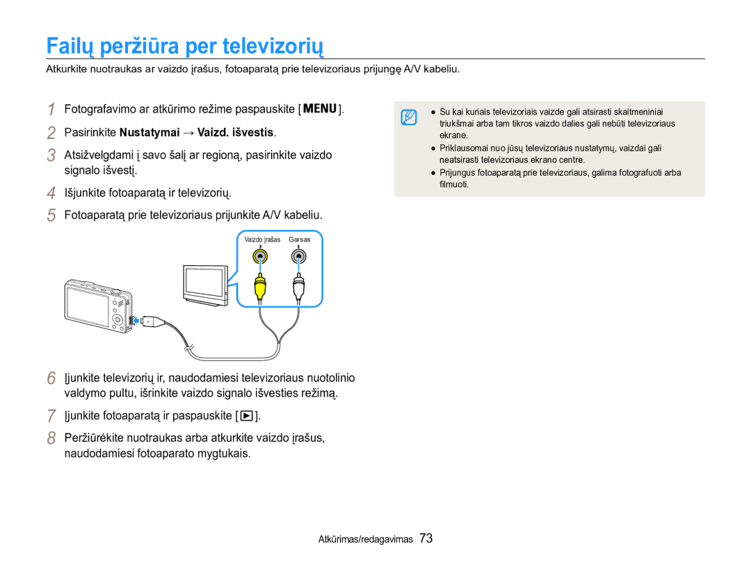 Samsung EC-ST90ZZBPSE2, EC-ST90ZZBPRE2 manual Failų peržiūra per televizorių, Fotografavimo ar atkūrimo režime paspauskite 