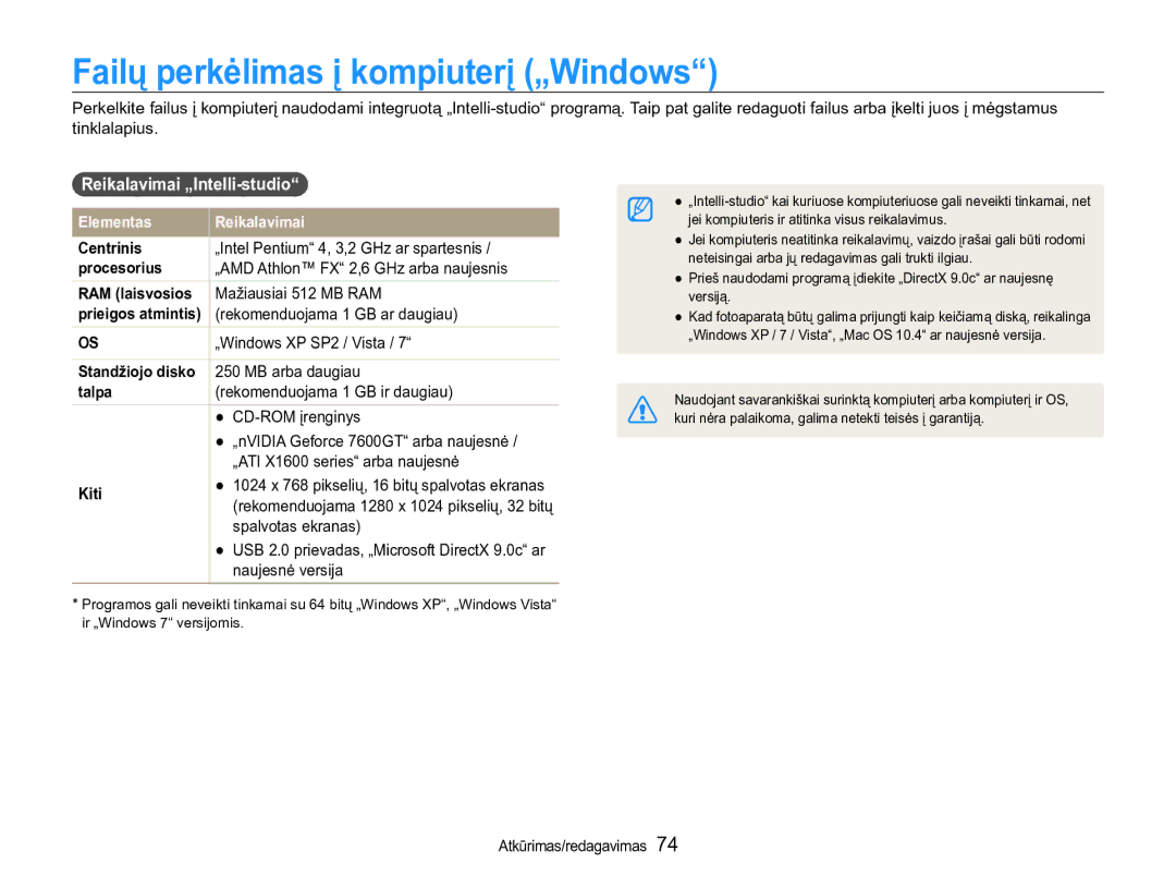 Samsung EC-ST90ZZBPRE2, EC-ST90ZZBPSE2 manual Failų perkėlimas į kompiuterį „Windows, Reikalavimai „Intelli-studio 