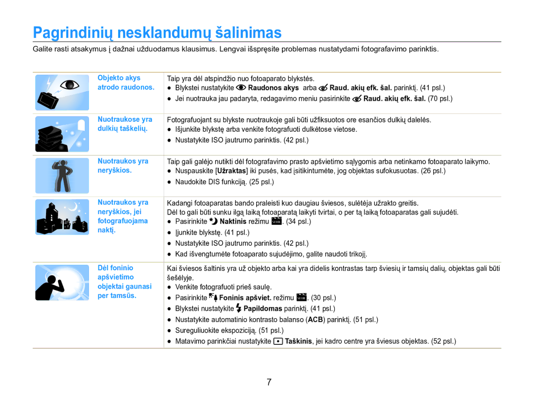 Samsung EC-ST90ZZBPSE2 manual Pagrindinių nesklandumų šalinimas, Raudonos akys arba Raud. akių efk. šal. parinktį psl 