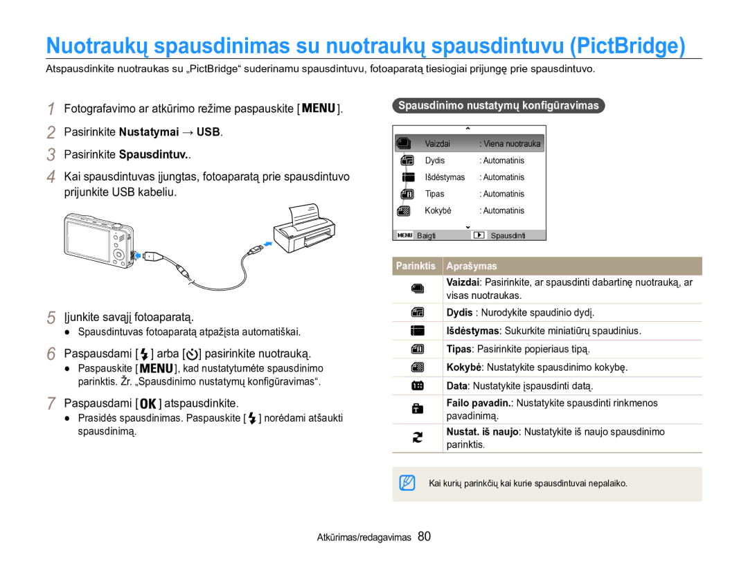 Samsung EC-ST90ZZBPRE2, EC-ST90ZZBPSE2 manual Paspausdami arba pasirinkite nuotrauką, Paspausdami atspausdinkite 