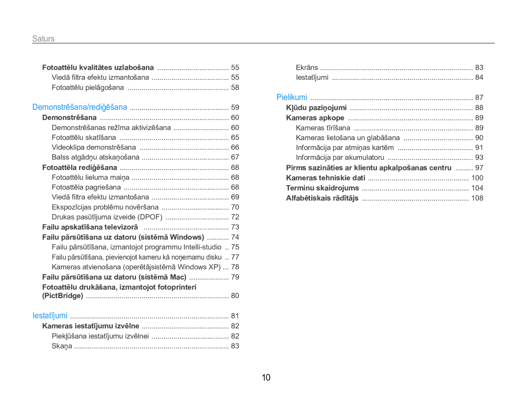 Samsung EC-ST90ZZBPRE2, EC-ST90ZZBPSE2 manual Saturs﻿, Kameras lietošana un glabāšana 