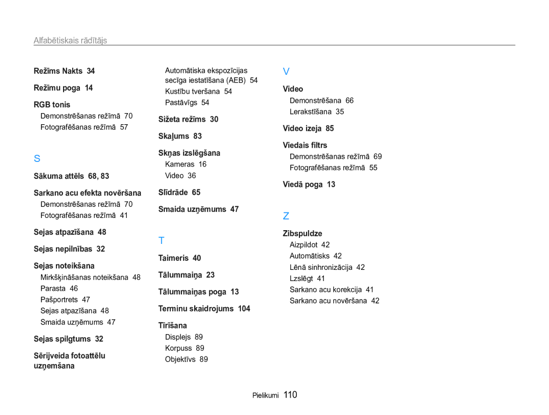 Samsung EC-ST90ZZBPRE2, EC-ST90ZZBPSE2 manual Kustību tveršana 54 Pastāvīgs, Kameras Video, Displejs Korpuss Objektīvs 