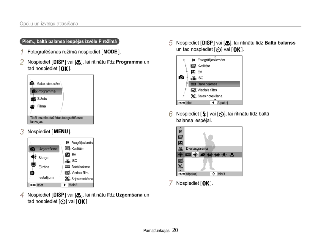 Samsung EC-ST90ZZBPRE2 manual Opciju un izvēlņu atlasīšana, Vai Nospiediet, Un tad nospiediet vai, Balansa iespējai 