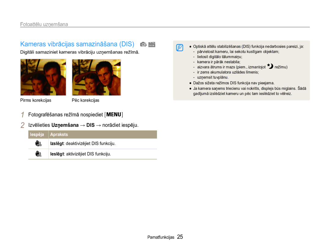 Samsung EC-ST90ZZBPSE2, EC-ST90ZZBPRE2 manual Kameras vibrācijas samazināšana DIS 