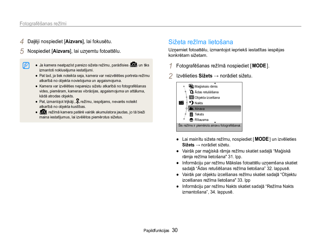 Samsung EC-ST90ZZBPRE2, EC-ST90ZZBPSE2 manual Sižeta režīma lietošana, Fotografēšanas režīmi 