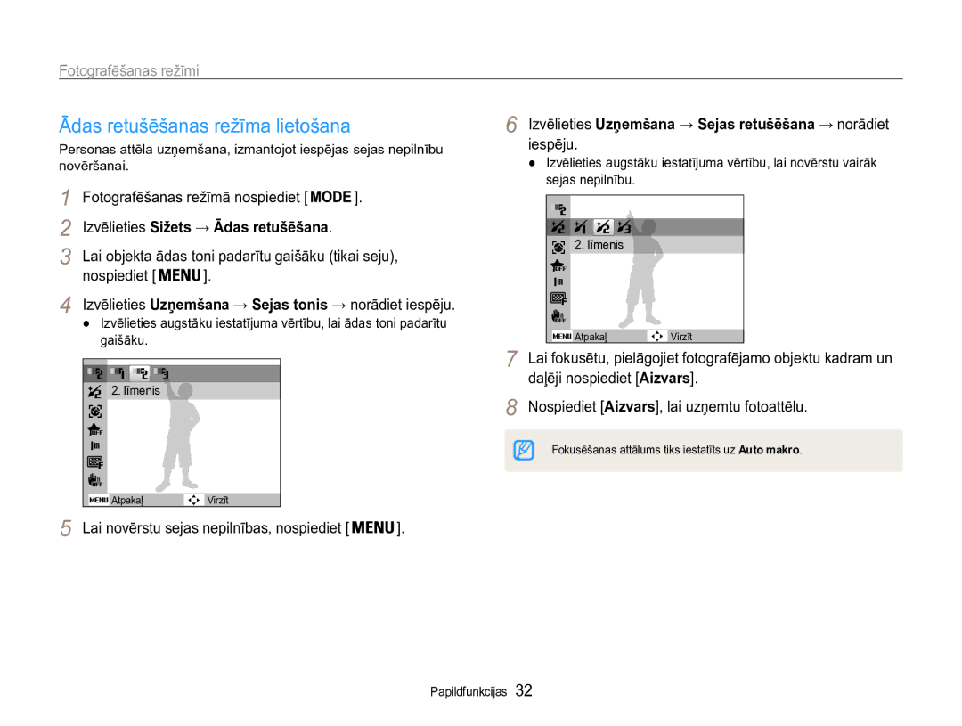 Samsung EC-ST90ZZBPRE2, EC-ST90ZZBPSE2 manual Ādas retušēšanas režīma lietošana, Izvēlieties Sižets → Ādas retušēšana 