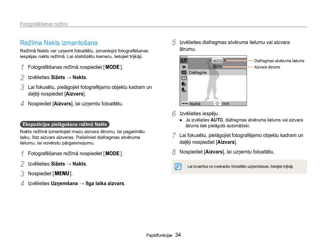 Samsung EC-ST90ZZBPRE2, EC-ST90ZZBPSE2 manual Režīma Nakts izmantošana 