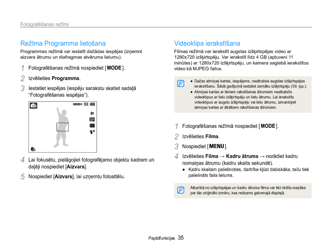 Samsung EC-ST90ZZBPSE2 manual Režīma Programma lietošana, Videoklipa ierakstīšana, Izvēlieties Programma, Izvēlieties Filma 