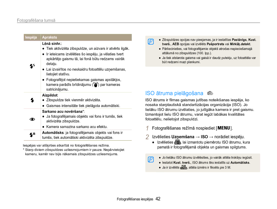 Samsung EC-ST90ZZBPRE2 manual ISO ātruma pielāgošana, Fotografēšana tumsā, Lēnā sinhr, Aizpildоt, Sarkano acu novēršana 