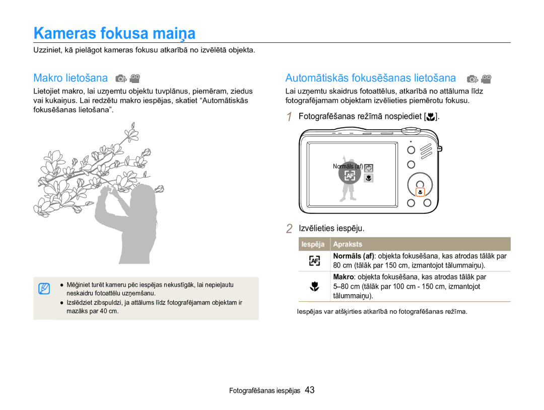 Samsung EC-ST90ZZBPSE2, EC-ST90ZZBPRE2 manual Kameras fokusa maiņa, Makro lietošana, Automātiskās fokusēšanas lietošana 