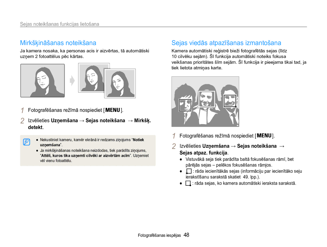 Samsung EC-ST90ZZBPRE2 Mirkšķināšanas noteikšana, Sejas viedās atpazīšanas izmantošana, Detekt, Sejas atpaz. funkcija 