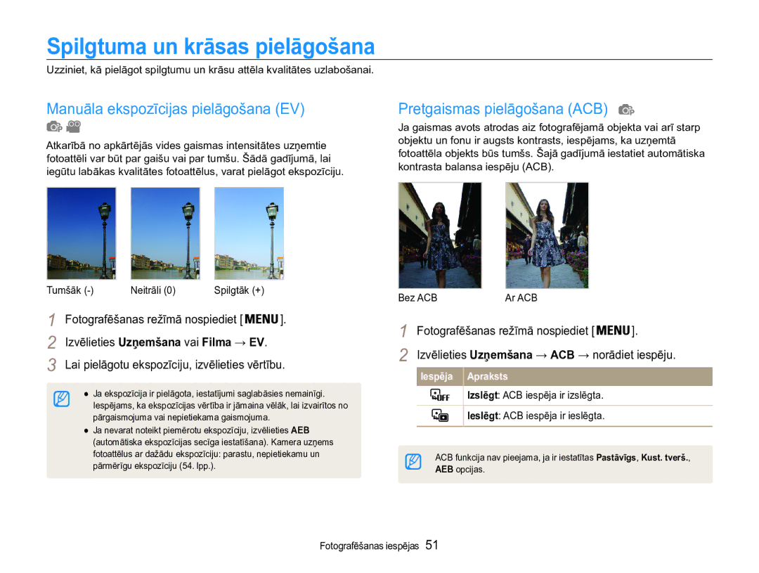 Samsung EC-ST90ZZBPSE2 Spilgtuma un krāsas pielāgošana, Manuāla ekspozīcijas pielāgošana EV, Pretgaismas pielāgošana ACB 