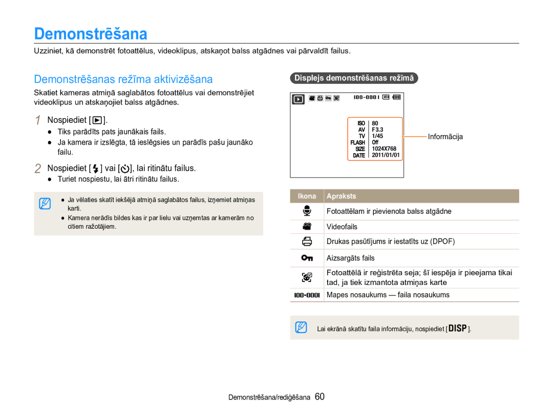 Samsung EC-ST90ZZBPRE2, EC-ST90ZZBPSE2 manual Demonstrēšanas režīma aktivizēšana, Nospiediet vai , lai ritinātu failus 