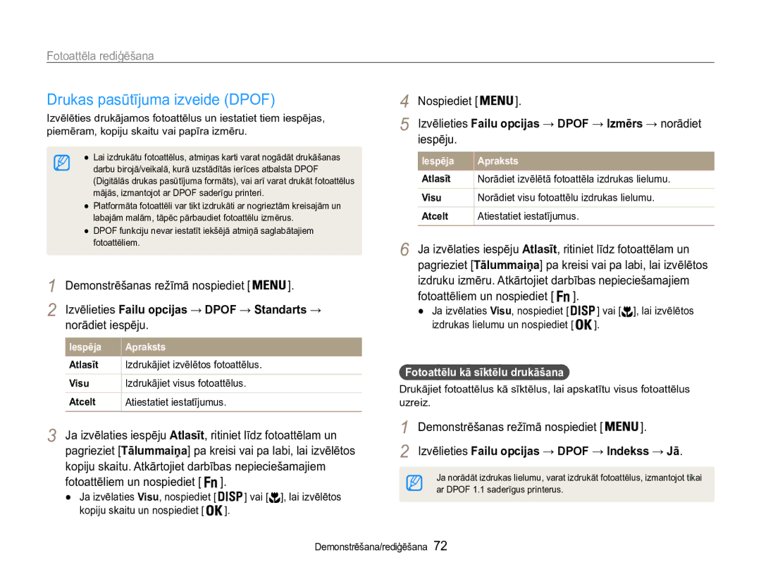 Samsung EC-ST90ZZBPRE2, EC-ST90ZZBPSE2 manual Drukas pasūtījuma izveide Dpof, Fotoattēlu kā sīktēlu drukāšana 