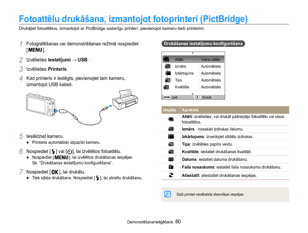 Samsung EC-ST90ZZBPRE2 manual Fotoattēlu drukāšana, izmantojot fotoprinteri PictBridge, Izvēlieties Iestatījumi → USB 