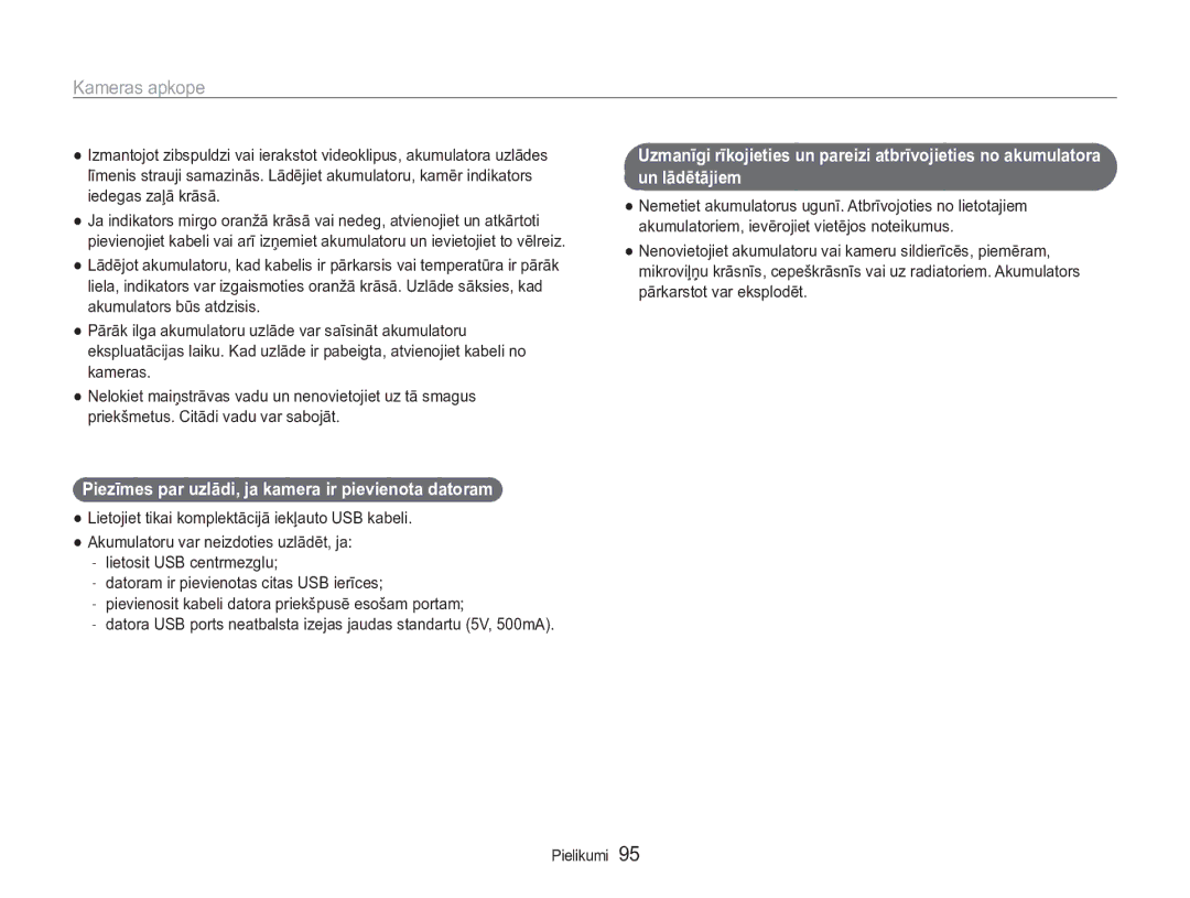 Samsung EC-ST90ZZBPSE2, EC-ST90ZZBPRE2 manual Piezīmes par uzlādi, ja kamera ir pievienota datoram 